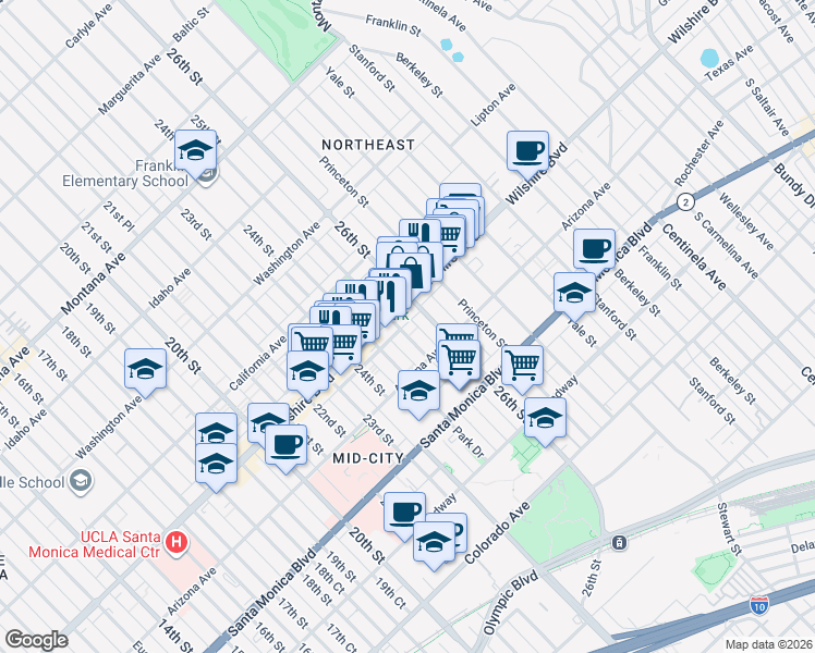 map of restaurants, bars, coffee shops, grocery stores, and more near in Santa Monica