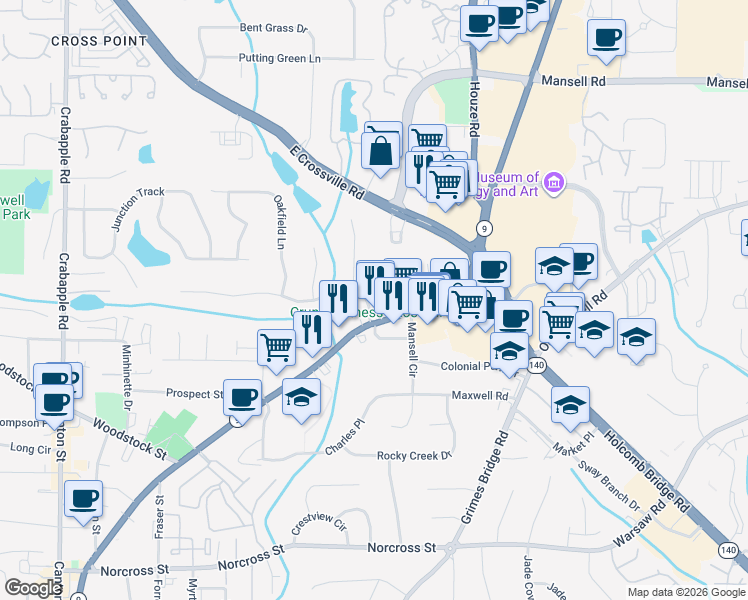 map of restaurants, bars, coffee shops, grocery stores, and more near 390 Alpine Drive in Roswell