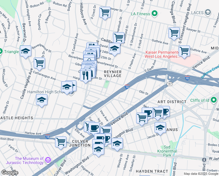 map of restaurants, bars, coffee shops, grocery stores, and more near 2828 Reynier Avenue in Los Angeles