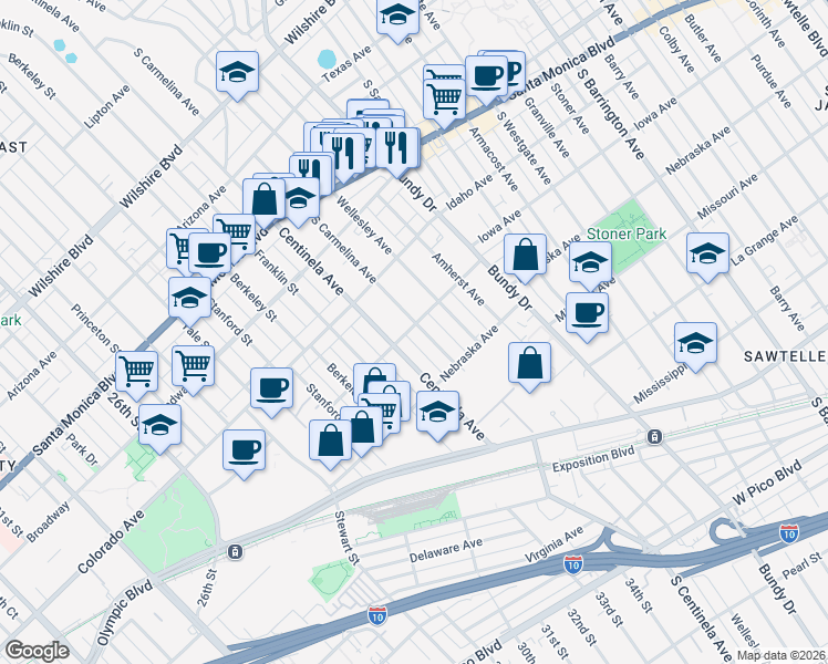 map of restaurants, bars, coffee shops, grocery stores, and more near 1703 South Carmelina Avenue in Los Angeles