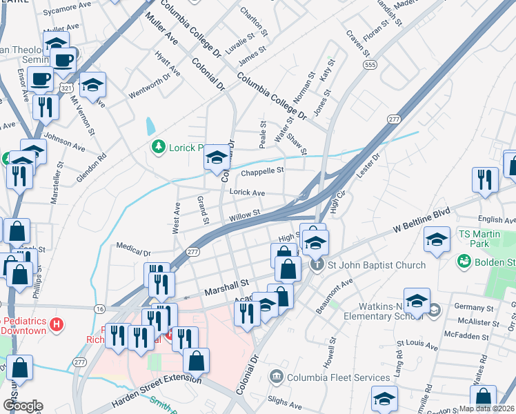 map of restaurants, bars, coffee shops, grocery stores, and more near 2231 Willow St in Columbia