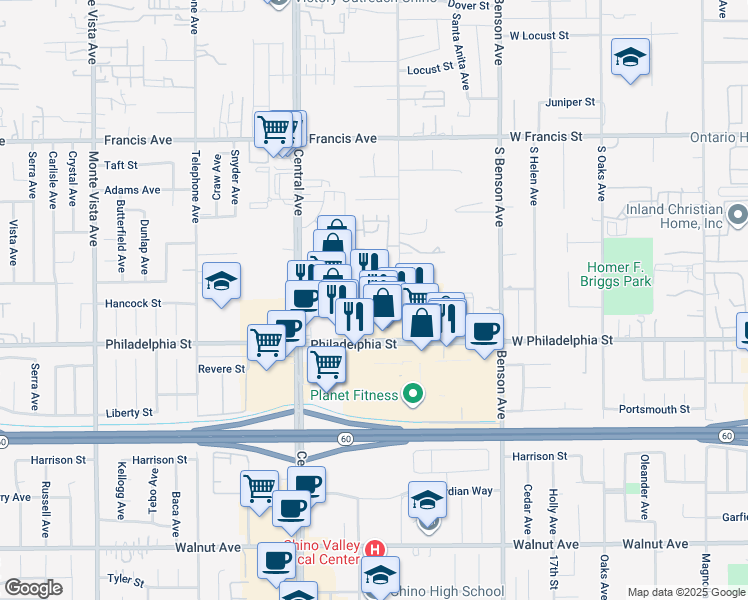 map of restaurants, bars, coffee shops, grocery stores, and more near 5480 Philadelphia Street in Chino