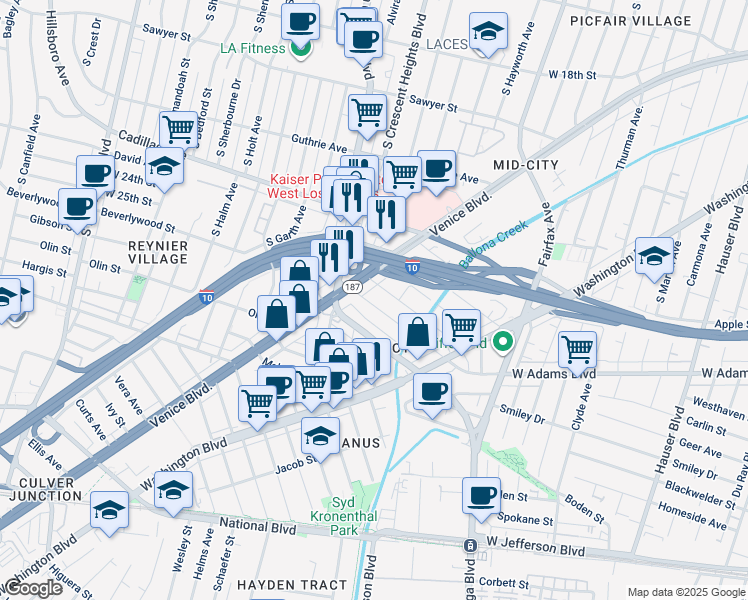 map of restaurants, bars, coffee shops, grocery stores, and more near 6061 Comey Avenue in Los Angeles