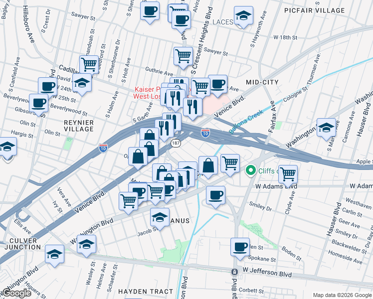 map of restaurants, bars, coffee shops, grocery stores, and more near 6061 Comey Avenue in Los Angeles