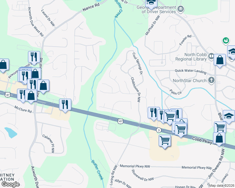 map of restaurants, bars, coffee shops, grocery stores, and more near 603 Spring Ridge Drive North West in Kennesaw