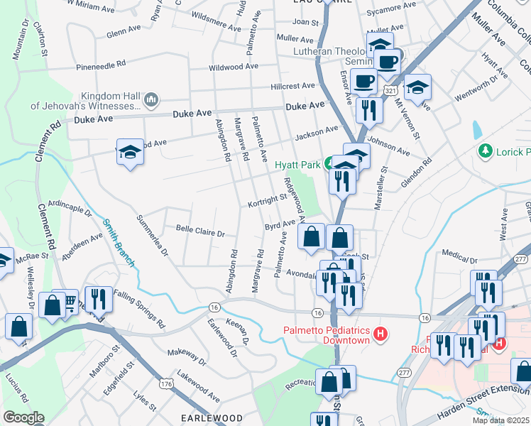map of restaurants, bars, coffee shops, grocery stores, and more near 3714 Margrave Road in Columbia