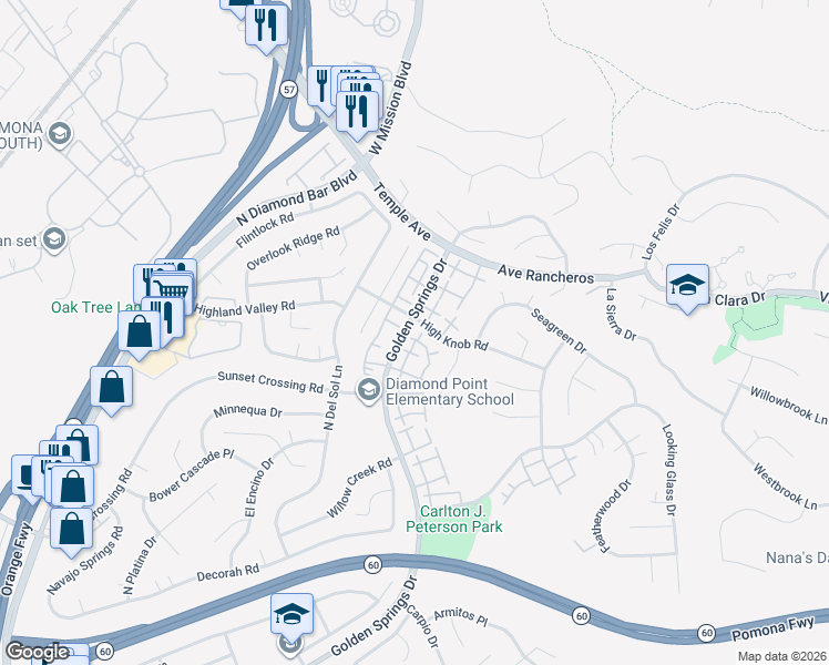 map of restaurants, bars, coffee shops, grocery stores, and more near 1010 Golden Springs Drive in Diamond Bar