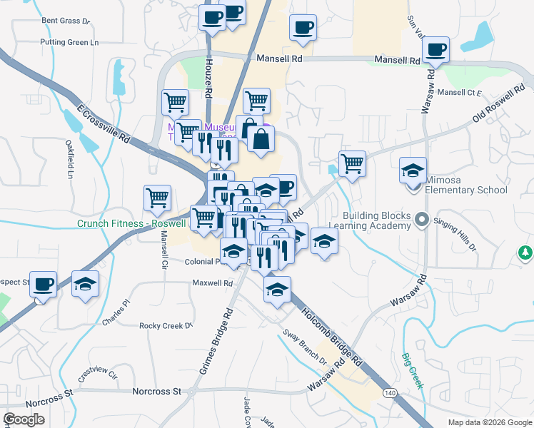 map of restaurants, bars, coffee shops, grocery stores, and more near 770 Old Roswell Place in Roswell