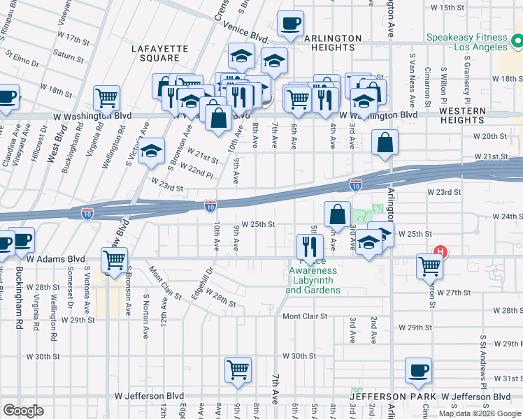 map of restaurants, bars, coffee shops, grocery stores, and more near 2410 8th Avenue in Los Angeles