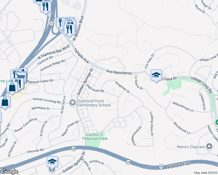 map of restaurants, bars, coffee shops, grocery stores, and more near 1175 Flying Hill Place in Diamond Bar