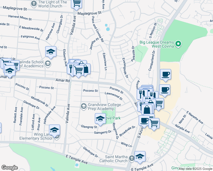 map of restaurants, bars, coffee shops, grocery stores, and more near 16833 Pocono Street in La Puente