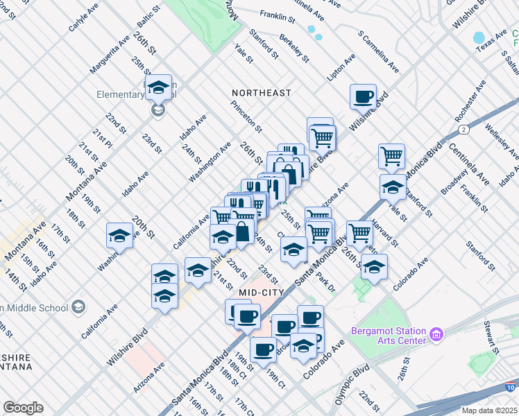 map of restaurants, bars, coffee shops, grocery stores, and more near 2439 Wilshire Boulevard in Santa Monica