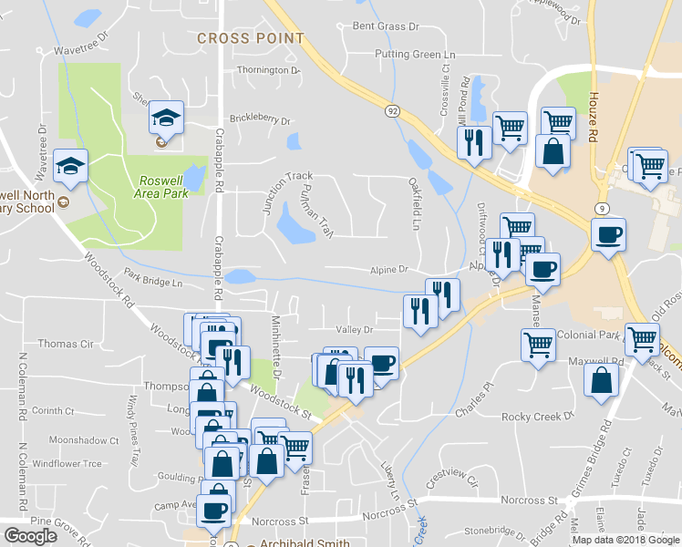 map of restaurants, bars, coffee shops, grocery stores, and more near 195 Alpine Drive in Roswell