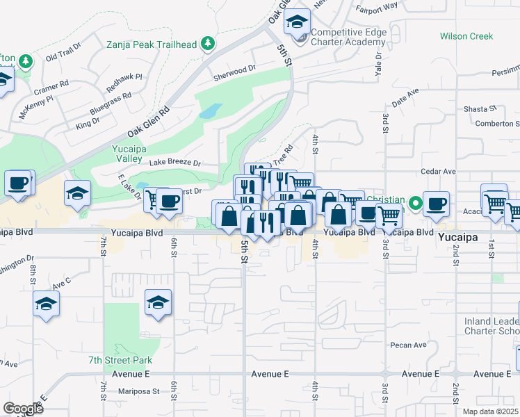 map of restaurants, bars, coffee shops, grocery stores, and more near 33575 #2 Yucaipa Boulevard in Yucaipa