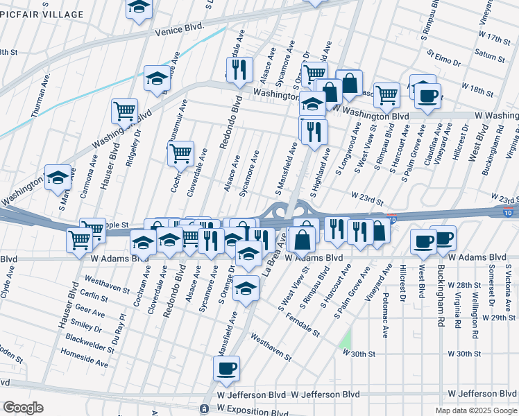 map of restaurants, bars, coffee shops, grocery stores, and more near 2424 South Orange Drive in Los Angeles
