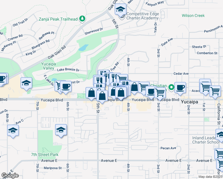 map of restaurants, bars, coffee shops, grocery stores, and more near 34460 Yucaipa Boulevard in Yucaipa