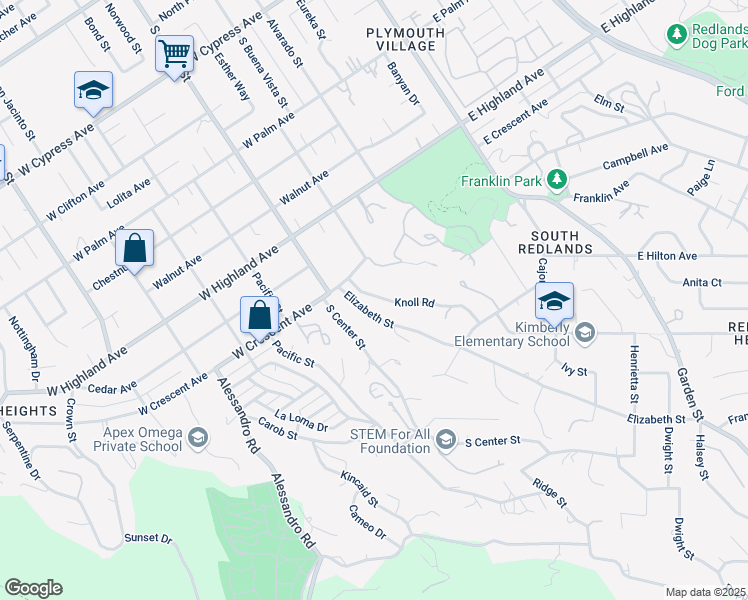map of restaurants, bars, coffee shops, grocery stores, and more near 1320 Knoll Road in Redlands