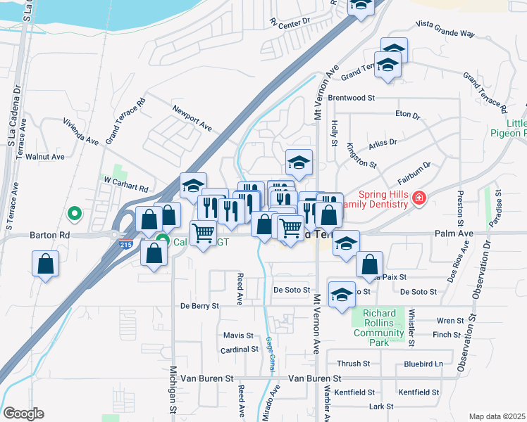 map of restaurants, bars, coffee shops, grocery stores, and more near 12009 Aspen Circle in Grand Terrace
