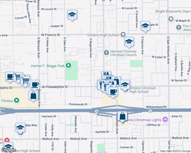 map of restaurants, bars, coffee shops, grocery stores, and more near 2133 South Magnolia Avenue in Ontario
