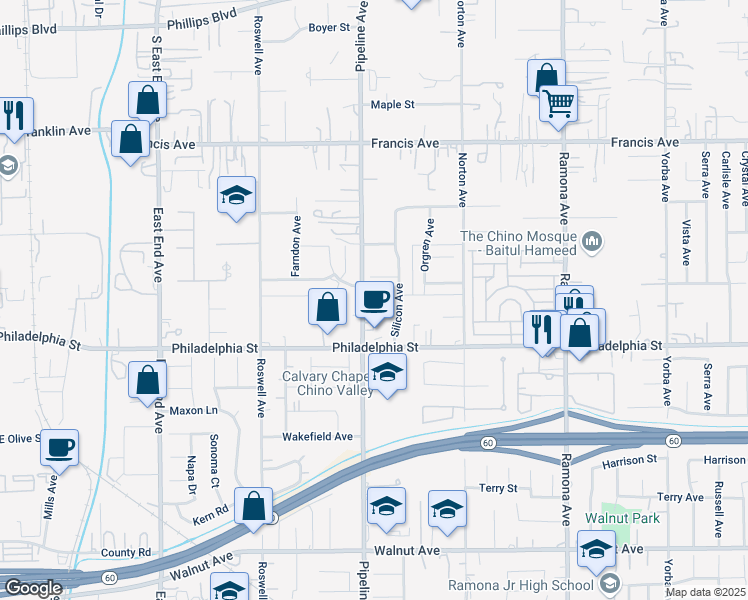 map of restaurants, bars, coffee shops, grocery stores, and more near 12015 Pipeline Avenue in Chino