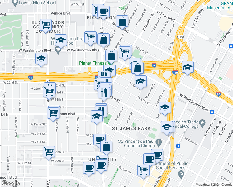 map of restaurants, bars, coffee shops, grocery stores, and more near 1039 West 23rd Street in Los Angeles