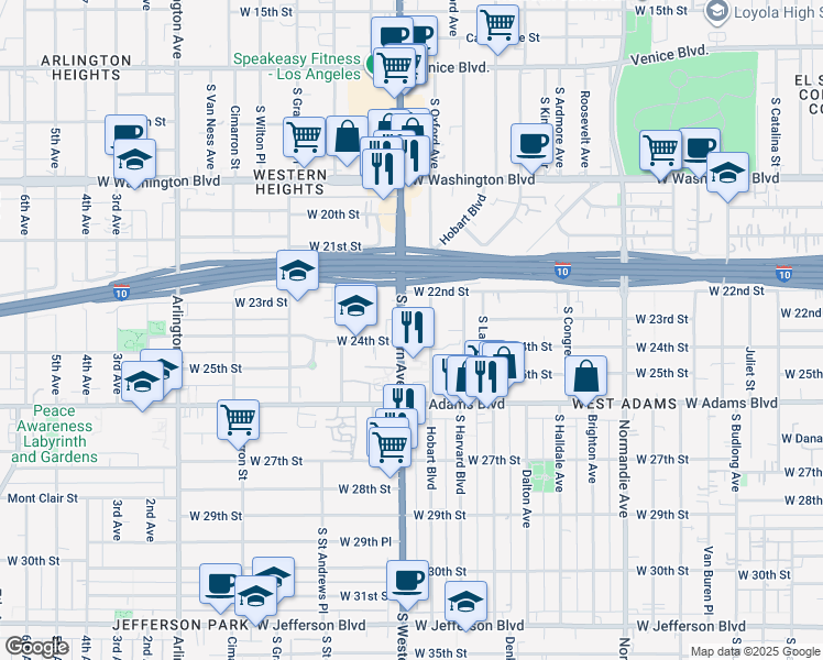 map of restaurants, bars, coffee shops, grocery stores, and more near 2249 South Hobart Boulevard in Los Angeles