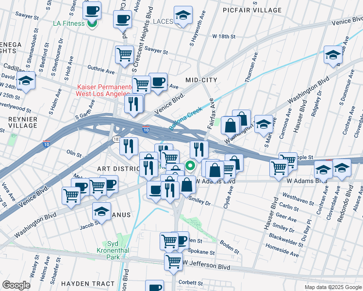 map of restaurants, bars, coffee shops, grocery stores, and more near 5738 Burchard Avenue in Los Angeles