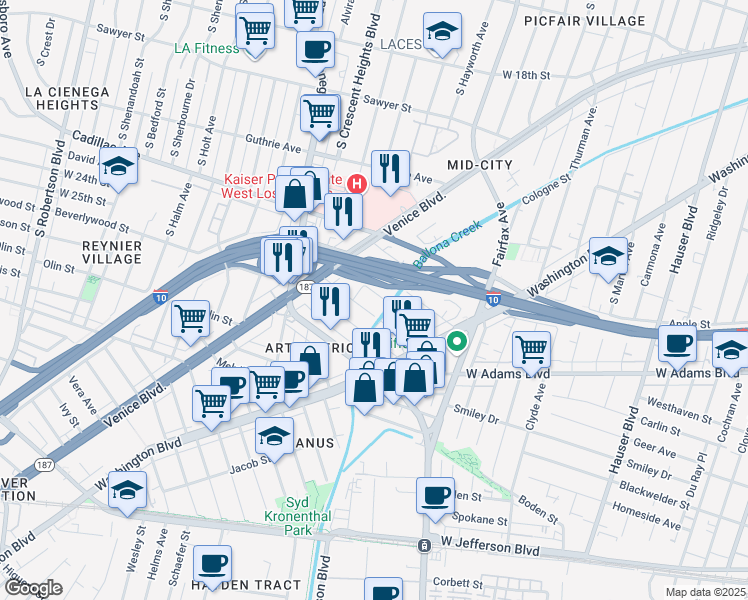map of restaurants, bars, coffee shops, grocery stores, and more near 5906 Ernest Avenue in Los Angeles