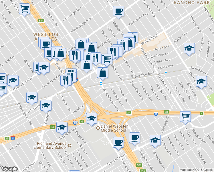 map of restaurants, bars, coffee shops, grocery stores, and more near 2510 South Sepulveda Boulevard in Los Angeles
