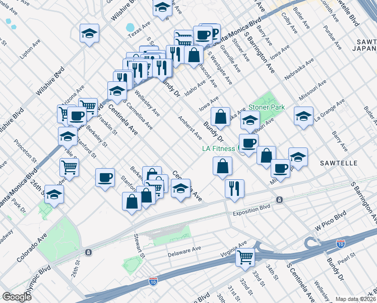 map of restaurants, bars, coffee shops, grocery stores, and more near 1736 South Carmelina Avenue in Los Angeles