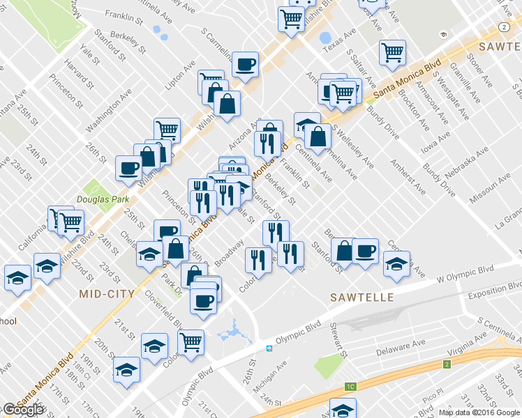 map of restaurants, bars, coffee shops, grocery stores, and more near 1437C Yale Street in Santa Monica