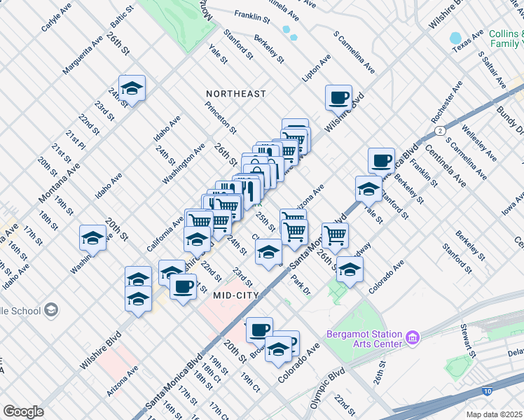 map of restaurants, bars, coffee shops, grocery stores, and more near 1221 25th Street in Santa Monica