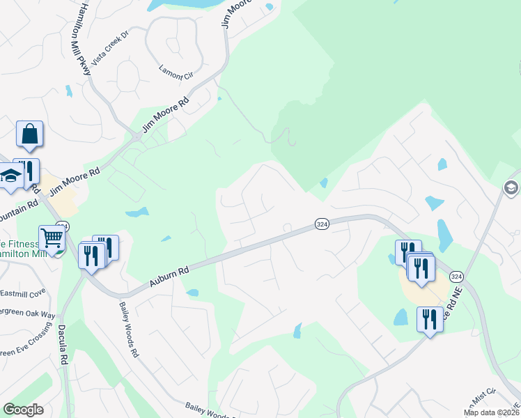 map of restaurants, bars, coffee shops, grocery stores, and more near 1102 Cayuga Court in Dacula