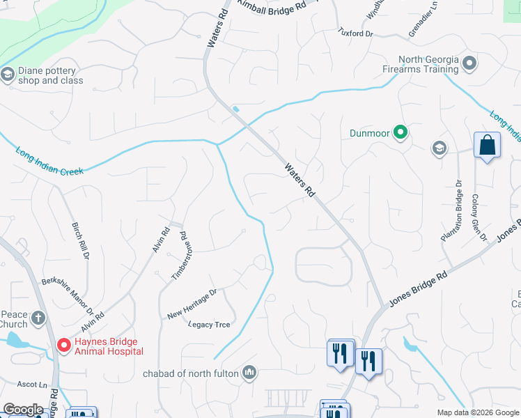 map of restaurants, bars, coffee shops, grocery stores, and more near 3455 Waters Cove Way in Alpharetta