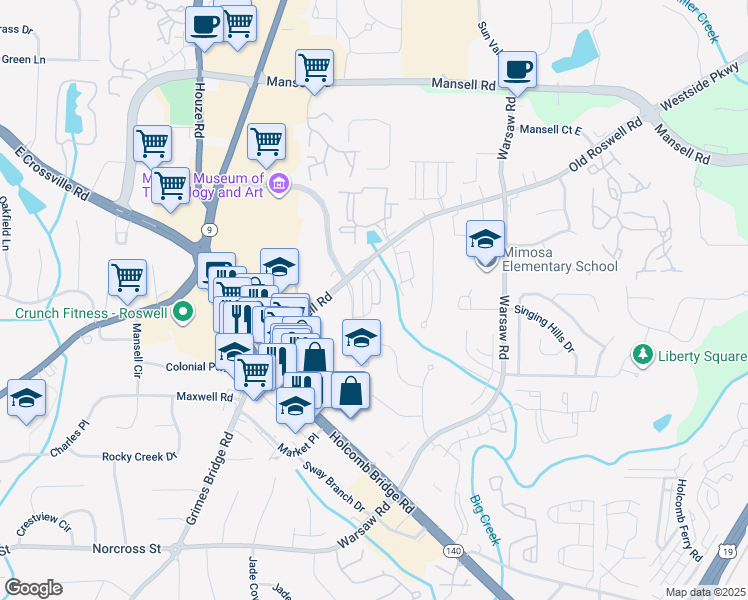 map of restaurants, bars, coffee shops, grocery stores, and more near 801 Old Roswell Road in Roswell