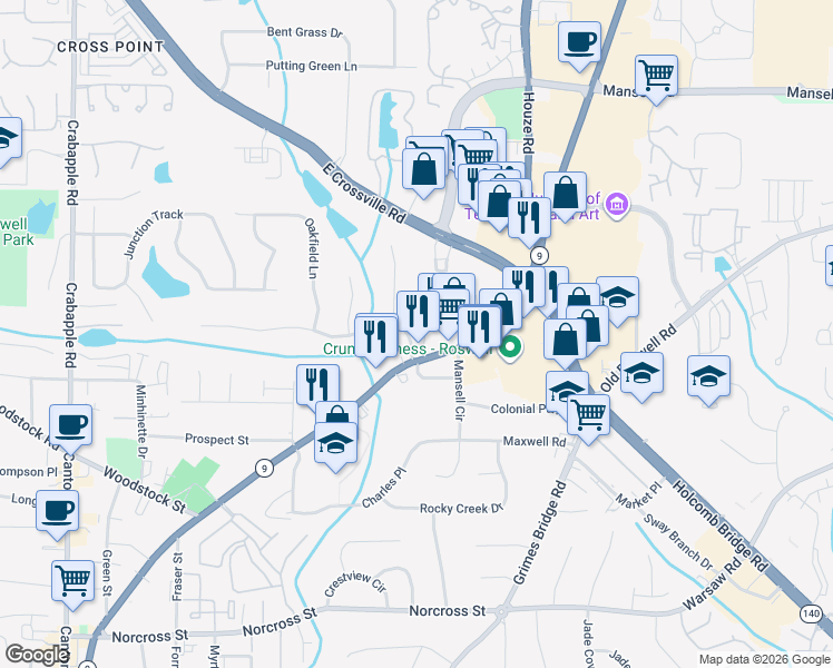 map of restaurants, bars, coffee shops, grocery stores, and more near 390 Alpine Drive in Roswell