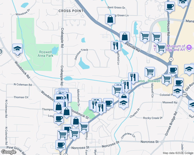 map of restaurants, bars, coffee shops, grocery stores, and more near 195 Alpine Drive in Roswell