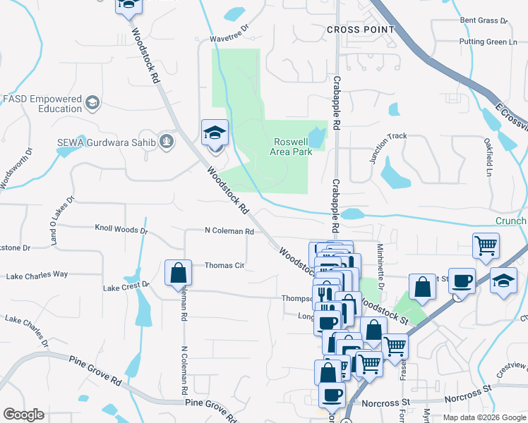 map of restaurants, bars, coffee shops, grocery stores, and more near 105 Park Bridge Lane in Roswell
