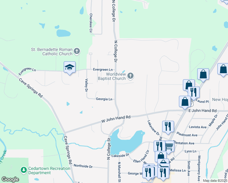 map of restaurants, bars, coffee shops, grocery stores, and more near 413 North College Drive in Cedartown