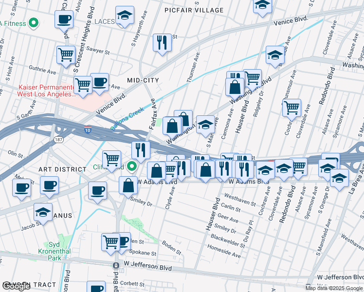 map of restaurants, bars, coffee shops, grocery stores, and more near 2415 Clyde Avenue in Los Angeles
