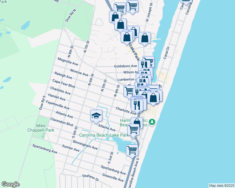 map of restaurants, bars, coffee shops, grocery stores, and more near 317 Raleigh Avenue in Carolina Beach