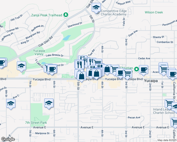 map of restaurants, bars, coffee shops, grocery stores, and more near 34460 Yucaipa Boulevard in Yucaipa