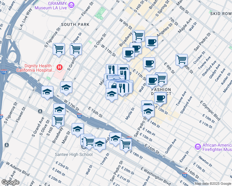 map of restaurants, bars, coffee shops, grocery stores, and more near 230 E Pico Blvd in Los Angeles