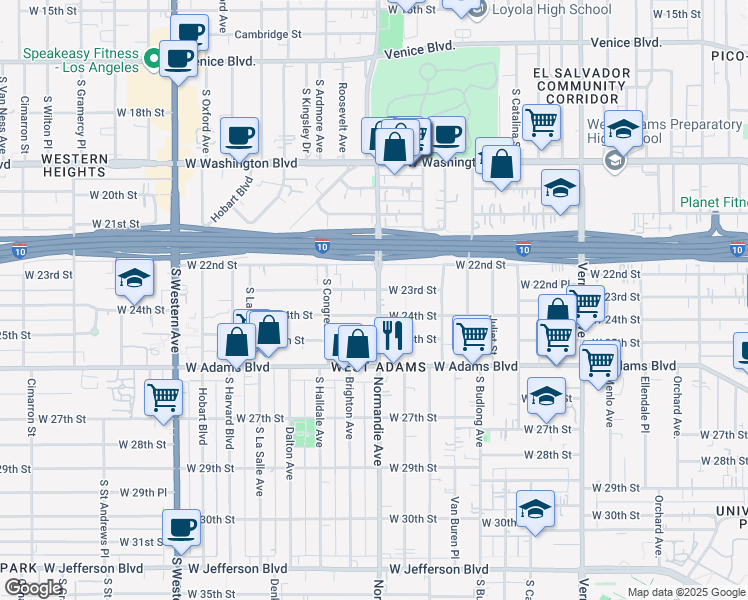 map of restaurants, bars, coffee shops, grocery stores, and more near 2305 South Normandie Avenue in Los Angeles