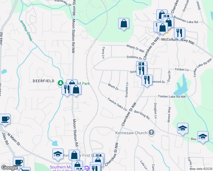 map of restaurants, bars, coffee shops, grocery stores, and more near 3002 Rhett Drive in Kennesaw