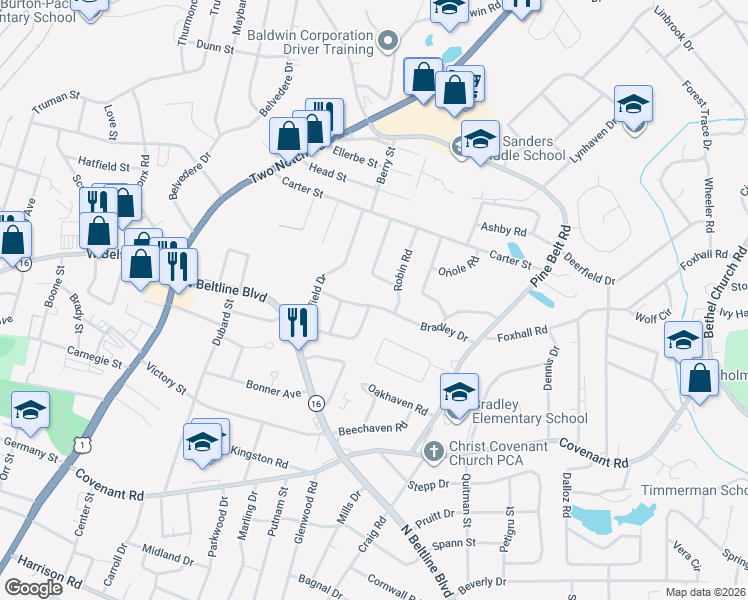 map of restaurants, bars, coffee shops, grocery stores, and more near 1604 Bradley Drive in Columbia