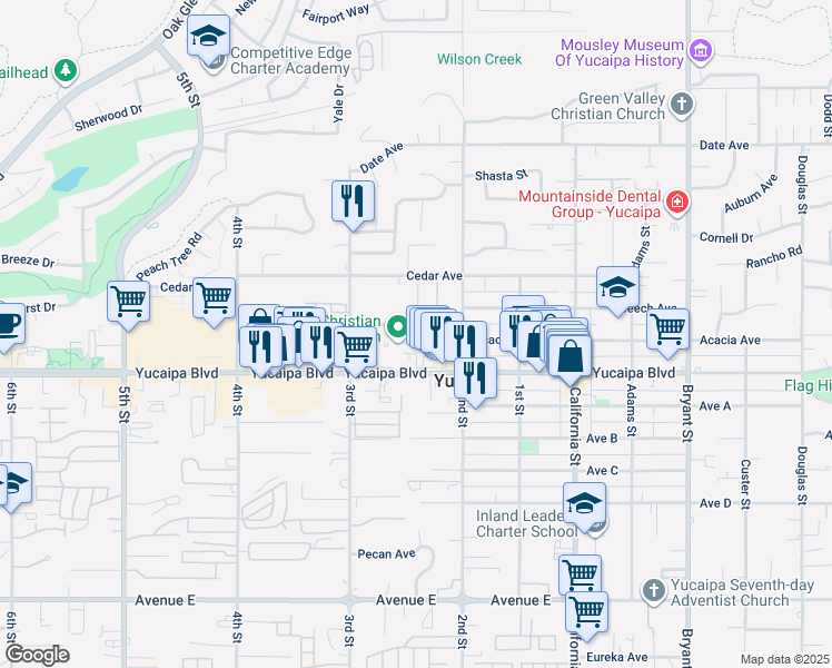map of restaurants, bars, coffee shops, grocery stores, and more near 34815 Acacia Avenue in Yucaipa