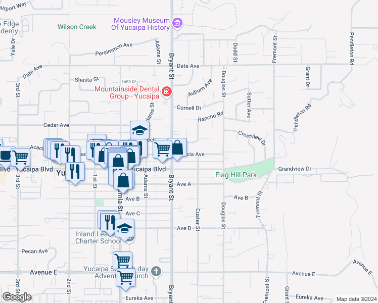 map of restaurants, bars, coffee shops, grocery stores, and more near 35368 Acacia Avenue in Yucaipa