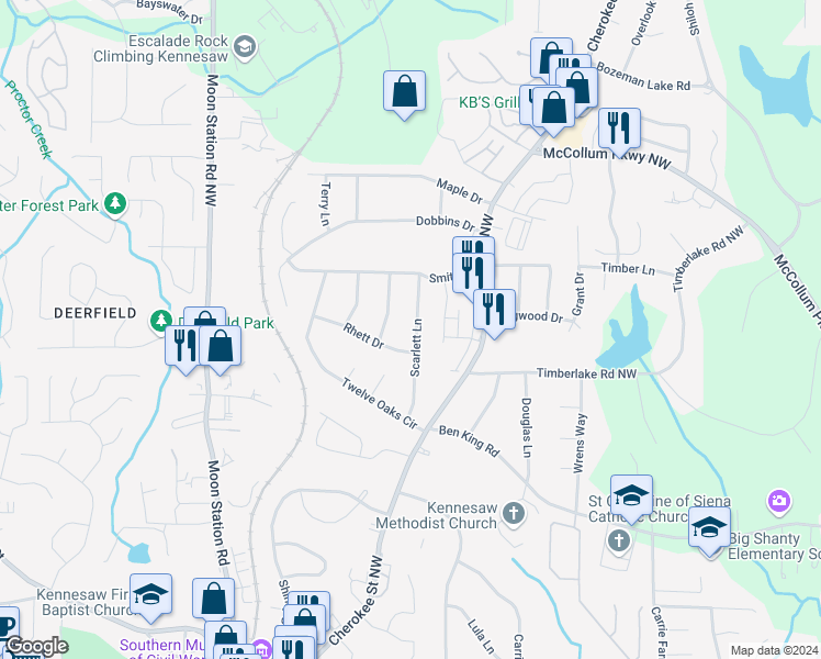 map of restaurants, bars, coffee shops, grocery stores, and more near 4003 Scarlett Lane in Kennesaw