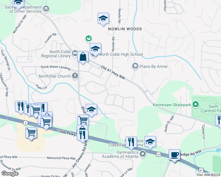 map of restaurants, bars, coffee shops, grocery stores, and more near 2935 Albright Commons in Kennesaw